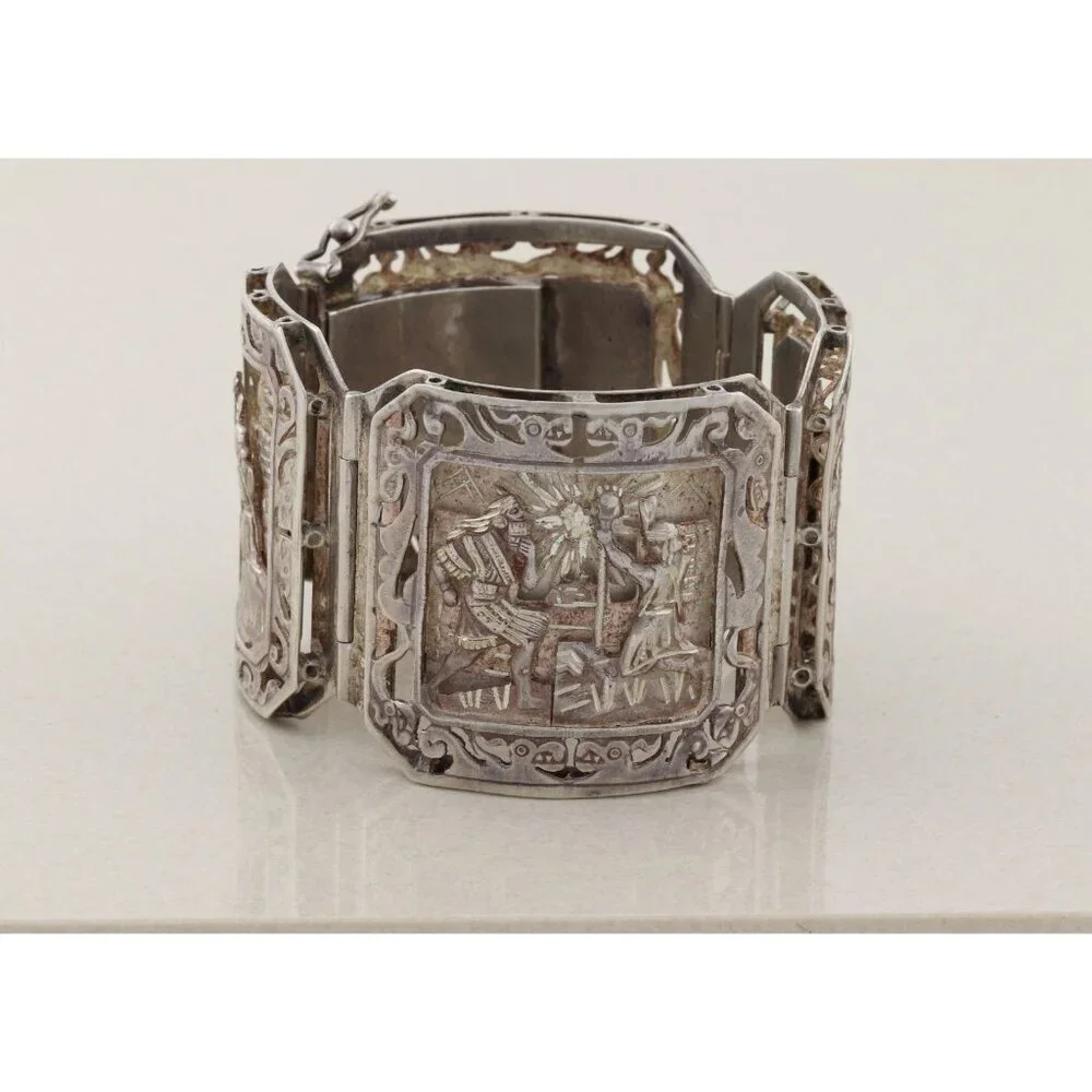 Sterling Silver Aztec Mayan Bracelet 6 3/4" inch - Picture 8 of 9